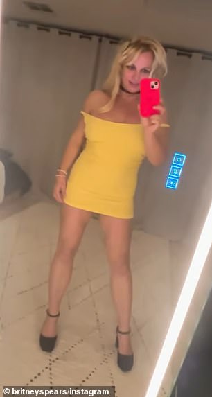 She slipped into a bright yellow, form-fitting bodycon dress with off-the-shoulder sleeves in one clip, which she captioned 