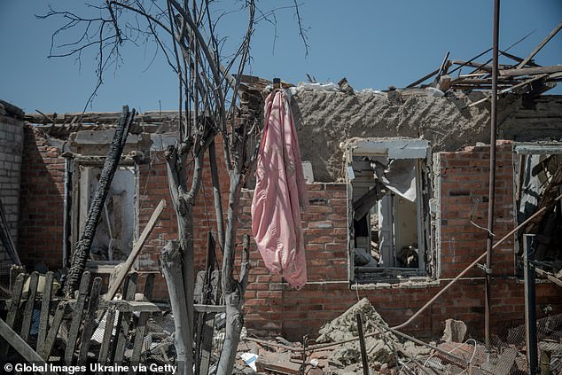 A general view of a private home with a roof destroyed after the Russian attack on July 8, 2024 in Kharkiv, Ukraine