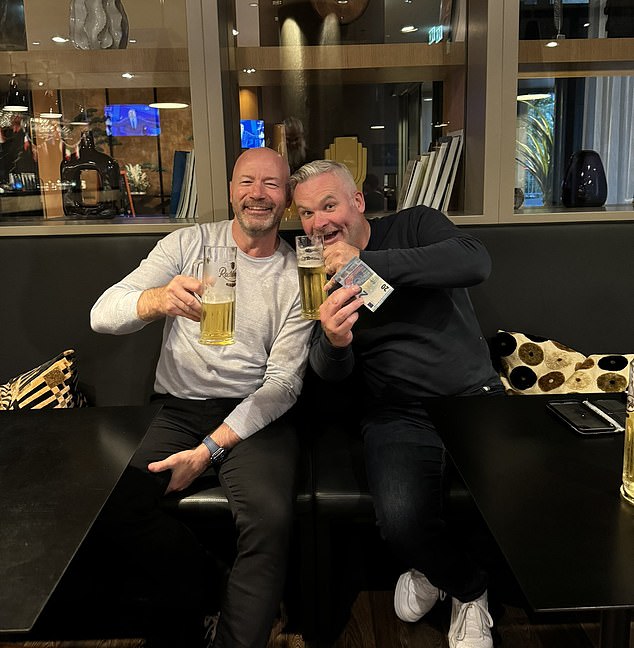 The BBC commentator made good on his promise to buy Alan Shearer (left) a beer after the co-commentator expressed his frustration following England's disappointing 1-1 draw with Denmark