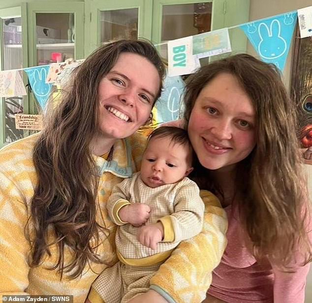 Jade (pictured left), 29, and her wife Eefje (pictured right), 30, welcomed their son (pictured center) in March last year