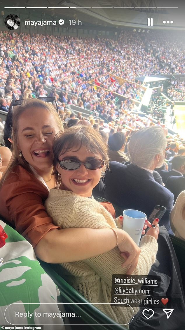 Just one row below Maya was Game Of Thrones star Maisie Williams, who was captured flashing a cheerful smile as she embraced her friend and actress Lily Ballantyne