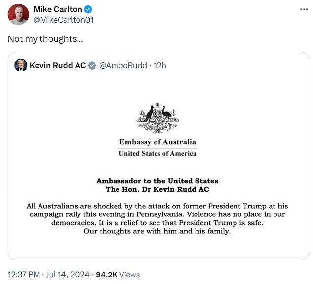 Mike Carlton was criticized by critics for rejecting Kevin Rudd's statement, in which he took a tough stance against violence in politics and expressed relief about Trump's safety.