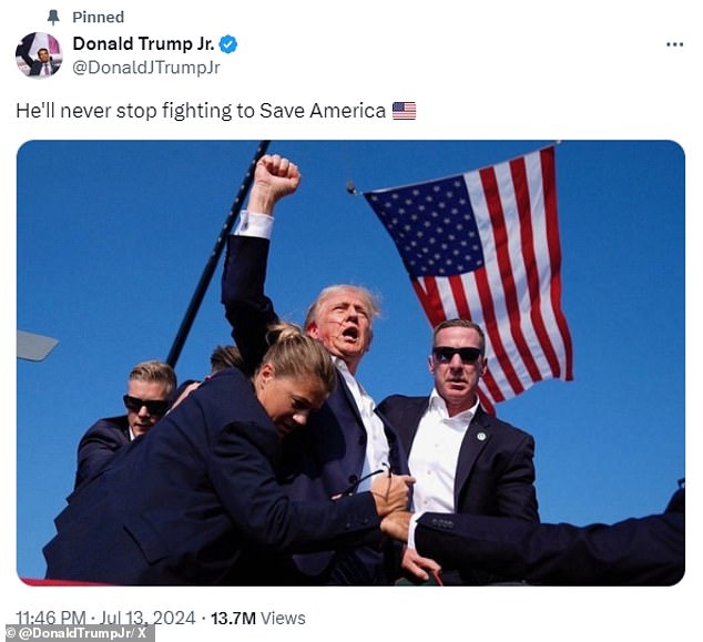 His son Donald Trump Jr. pinned the image to his X account, which has since been viewed more than 13 million times.