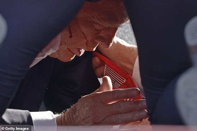 Trump had blood streaming down his cheeks as Secret Service agents pushed him to the ground