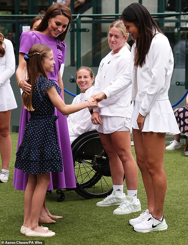 Princess Charlotte, nine, appeared to be in high spirits as she met 21-year-old tennis star Emma Raducanu