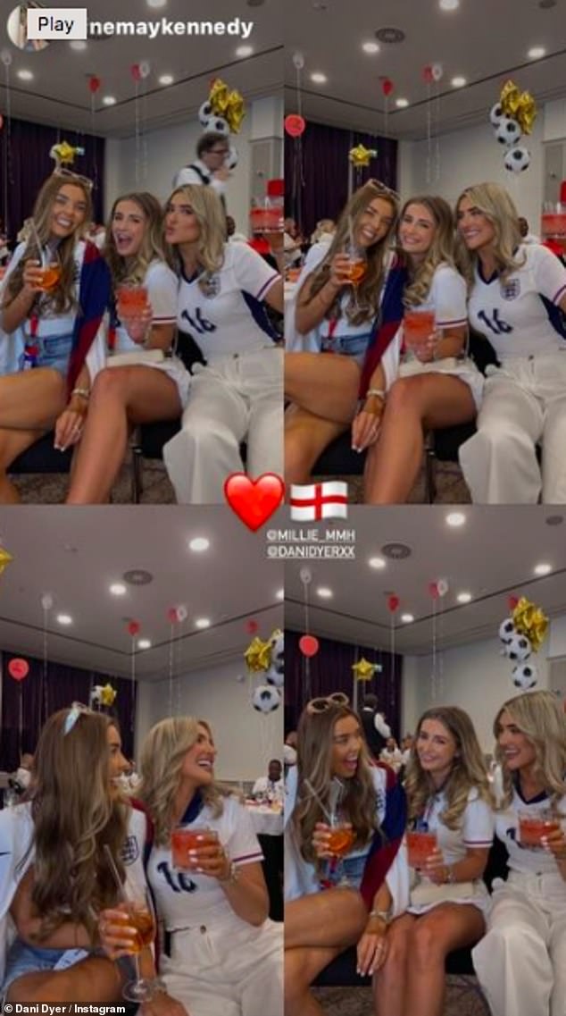 She teamed her white England shirt with a pretty pleated skirt as she posed with the other WAGs ahead of the competition