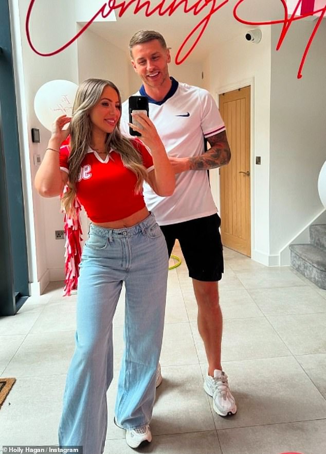 Elsewhere, Geordie Shore's Holly Hagan, 32, posed in a red England top and jeans with her husband Jacob Blyth ahead of the match