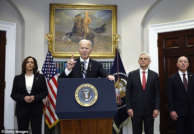 President Joe Biden delivers a speech about the attempted assassination of Republican presidential nominee and former President Donald Trump at the White House with Vice President Kamala Harris, Attorney General Merrick Garland and Secretary of Homeland Security Alejandro Mayorkas