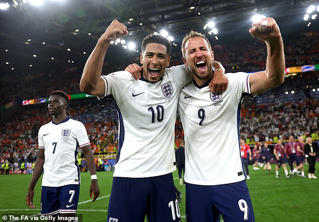 England go into the match as underdogs, with Spain having won all six of their matches so far, while the Three Lions have drawn four times in 90 minutes; pictured are Jude Bellingham and Harry Kane