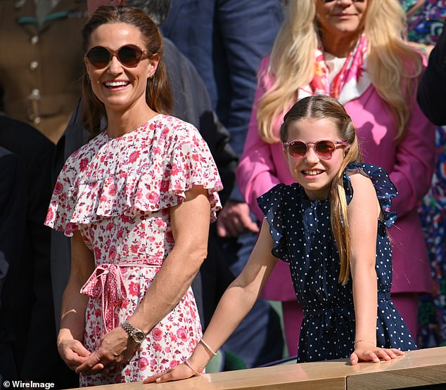 Pippa looked effortlessly elegant in a figure-hugging red floral midi dress with pleated layers, while Charlotte wore a polka dot dress by Guess