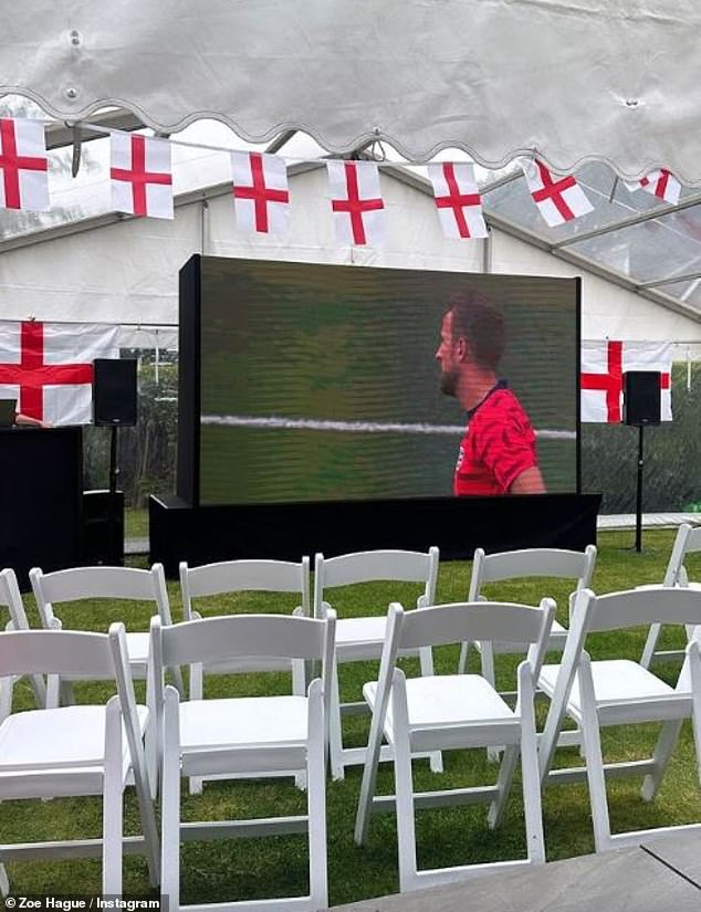 The former Love Island star cheered on the Three Lions from her manager's back garden as she watched the match on a large outdoor screen