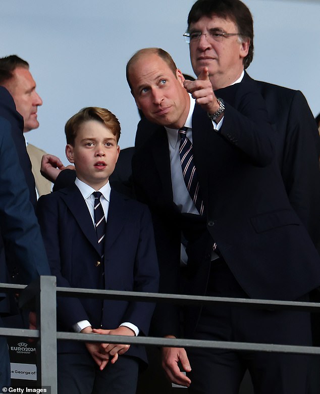 Pictured: Prince George was a pint-sized version of his father in a navy suit and striped tie to watch the 2024 European Championship final