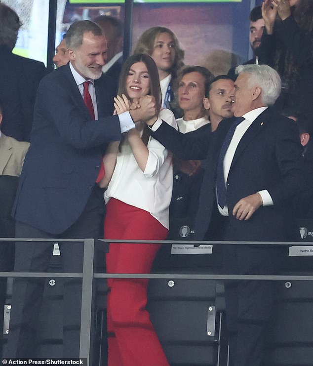 King Felipe celebrated Spain's two goals with those around him, including his daughter Sofia