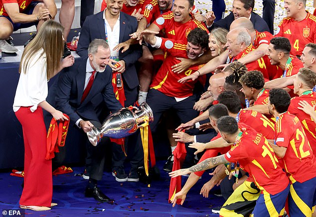 King Felipe and his daughter Sofia present the trophy to Spain after winning the European Championship