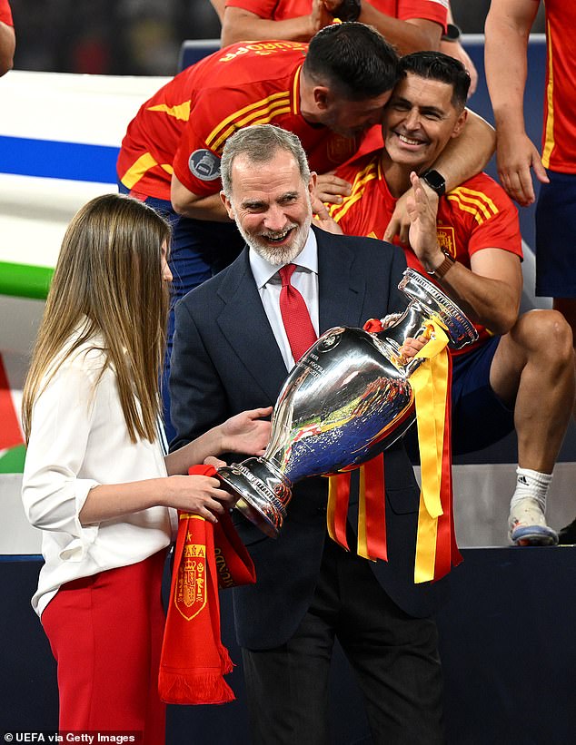 Sofia and Felipe hold the Spanish trophy after beating England tonight