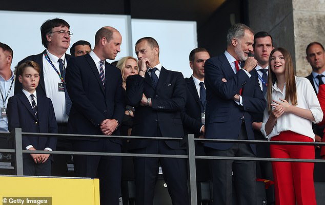 Prince William, Prince George and King Felipe and Infanta Sofia were accompanied by UEFA President Aleksander Ceferin (C)