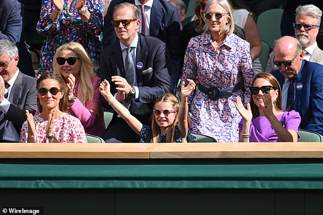 All smiles at the All England: Pippa, Charlotte and Kate beamed on Centre Court during the men's final on Sunday afternoon