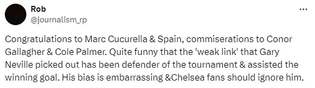 Neville's words were echoed by fans online, with the defender starting six of Spain's seven games