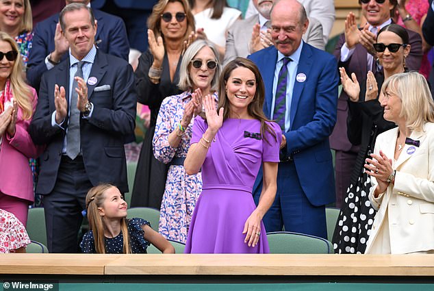 Meanwhile, Princess Kate, who was accompanied by her sister Pippa and daughter Princess Charlotte (left), opted for a stunning $2,500 royal purple gown by Safiyaa