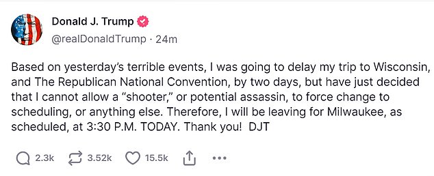 Trump announced Sunday afternoon that he would move forward with his plan to travel to Milawukee, Wisconsin, for the Republican National Convention