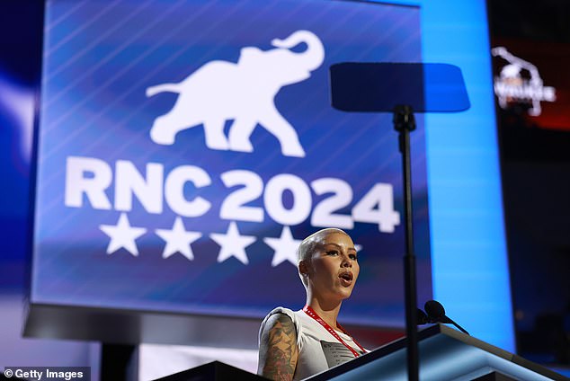 Rapper and influencer Amber Rose is seen on stage at the Fiserv Forum during preparations for the Republican National Convention