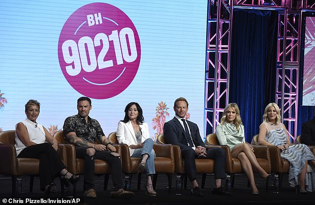 Gabrielle Carteris, Brian Austin Green, Shannen Doherty, Ian Ziering, Jennie Garth and Tori Spelling are shown participating in a BH90210 panel in Beverly Hills in August 2019