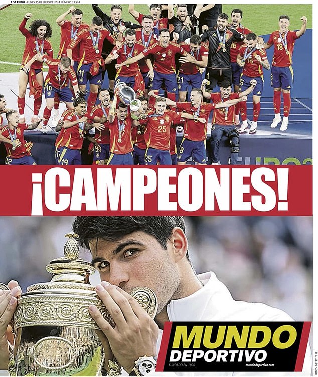 Mundo Deportivo also split their front page to highlight Alcaraz's Wimbledon triumph