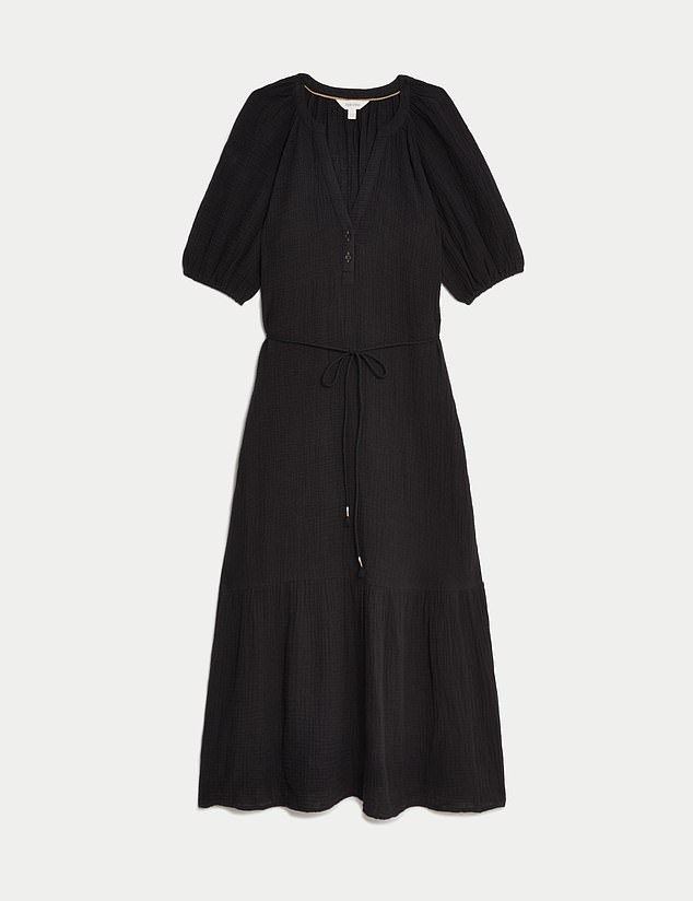 Marks and Spencer's easy, textured black layered dress (£45) features a soft tie waist