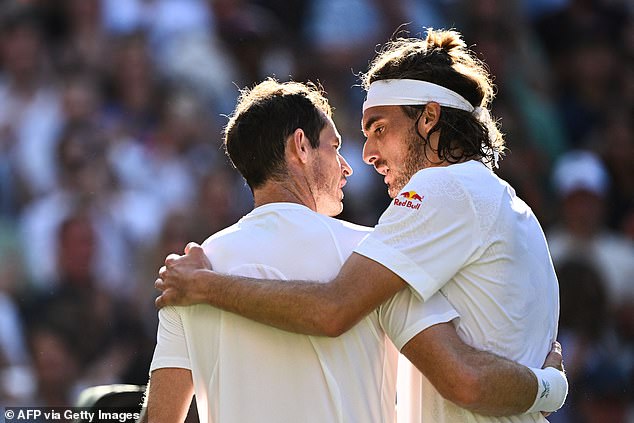 Murray's final Wimbledon singles match: Stefanos Tsitsipas hugs him after the Greek finally wins the match, which was played over two days