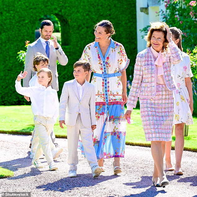 Queen Silvia, Crown Princess Victoria, Prince Oscar and Prince Gabriel during the festivities