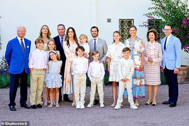 Pictured: King Carl Gustaf, Queen Silvia, Crown Princess Victoria, Prince Daniel, Princess Estelle, Prince Oscar, Prince Carl Philip, Princess Sofia, Prince Alexander, Prince Gabriel, Prince Julian, Princess Madeleine, Chris O'Neill, Princess Leonore, Prince Nicolas, Princess Adrienne