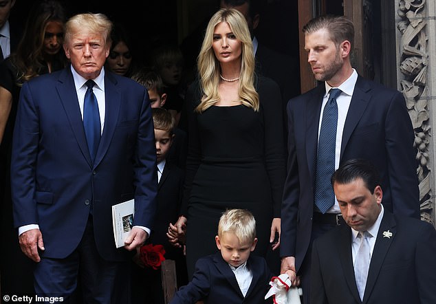 Former US President Donald Trump and his children Ivanka Trump and Eric Trump and their children follow the casket of Ivana Trump