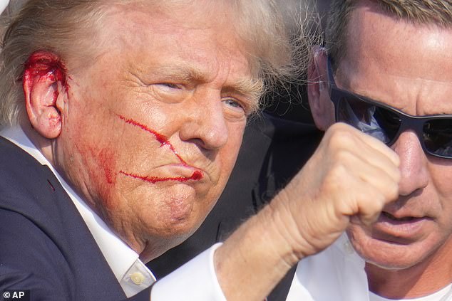 Trump was left bloodied and injured during the assassination attempt when he suddenly grabbed his ear as loud popping noises were heard