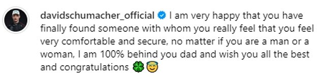 The 22-year-old son of a racing driver, David, this morning gave his full support to his father's decision to go public with his same-sex relationship, writing: 'I'm so glad you've finally found someone you can truly say you feel comfortable and safe with.