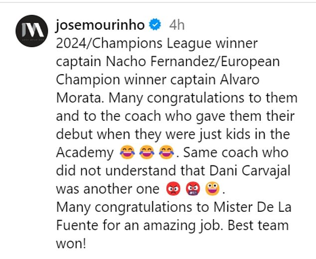 Mourinho called Luis de la Fuente's team the 'best team' of the tournament after their impressive victory