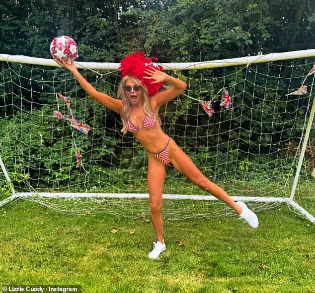 Before the match, Lizzie showed her support for England by posing in a skimpy bikini on Friday