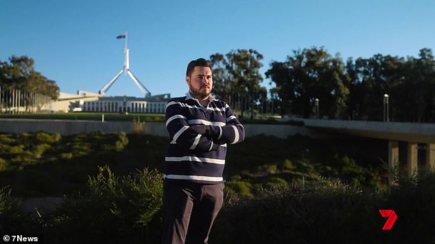 Bruce Lehrmann is pictured outside Parliament House in Canberra, during a promotion for his revealing interview in Spotlight