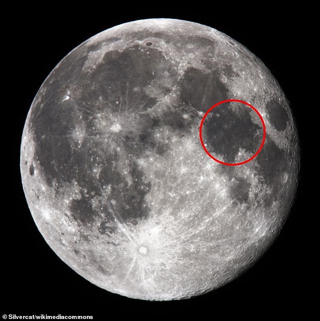 Researchers focused on a roughly cylindrical, 100-meter-deep depression, about as long and wide as a football field, in a region of the moon known as the Sea of ​​Tranquility or Mare Tranquillitatis (marked here with a red circle).