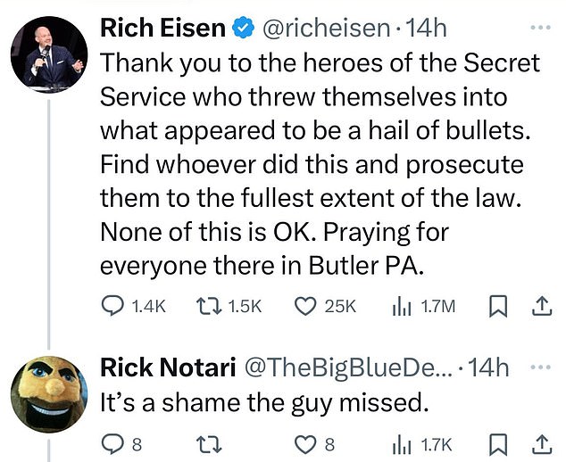 Rick Notari, who works for a county in Pennsylvania, said it was unfortunate that Trump's shooter missed. He has now been suspended by his employer