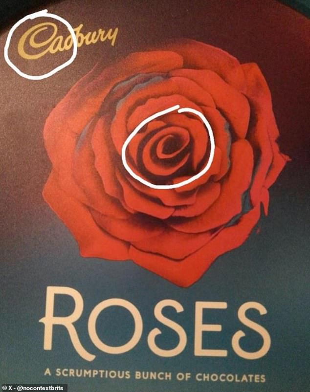 In a photo uploaded to X, a fan circled the capital "C" in the purple Cadbury logo, as well as the center of the rose in the center of the lid