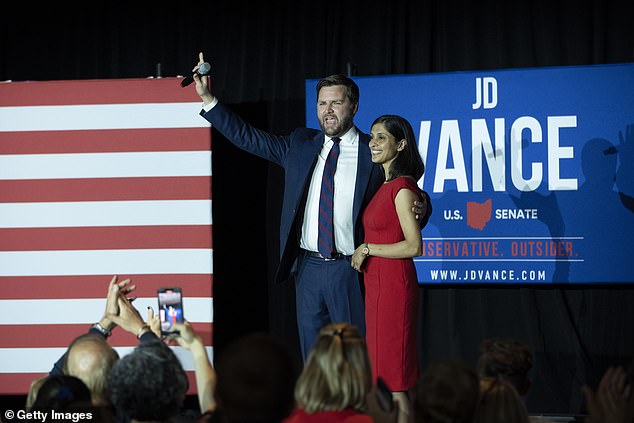 JD Vance and his wife Usha Vance wave to their supporters after he won his 2022 primary in Ohio