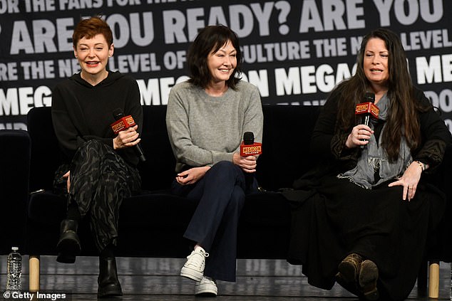 The duo is pictured with Rose McGowan in February 2024