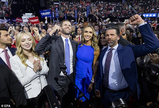 The Trumps made it a family affair with daughter (from left) daughter Tiffany, son Eric and his wife Lara, and Don Jr. all in the family suite with Trump