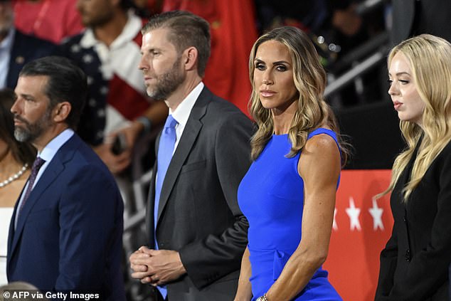 Donald Trump Jr., Eric Trump, Lara Trump and Tiffany Trump sat together in a row behind former President Donald Trump in a special friends and family box on Monday at the Republican National Convention in Milwaukee.