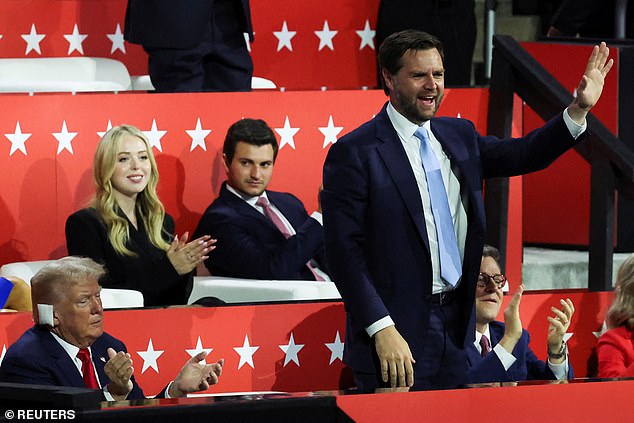 Tiffany Trump (top left) applauds with her husband Michael Boulos (center) as Sen. JD Vance (right) is introduced as former President Donald Trump's (bottom left) running mate on Monday night.