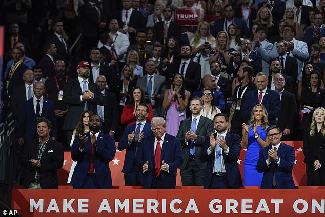 Seated in the friends and family box were (bottom row) Tucker Carlson, Rep. Byron Donalds, former President Donald Trump, Sen. J.D. Vance, House Speaker Mike Johnson, (top row) Kimberly Guilfoyle, Donald Trump Jr., Eric Trump, Lara Trump and Tiffany Trump