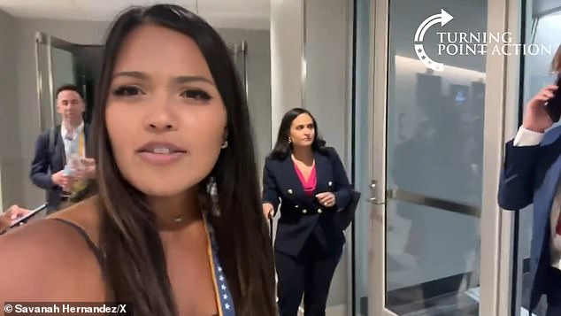 Welker was led away by crew members and eventually left the room as Turning Point USA reporter Savanah Hernandez tried to ask her about the network's decision to call the gunshots 