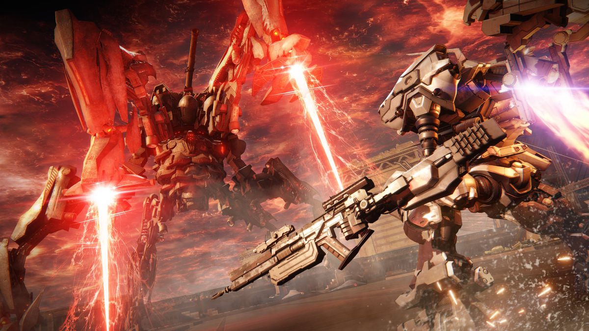 An Armored Core with an assault rifle faces off against a giant mech in a screenshot from Armored Core 6: Fires of Rubicon