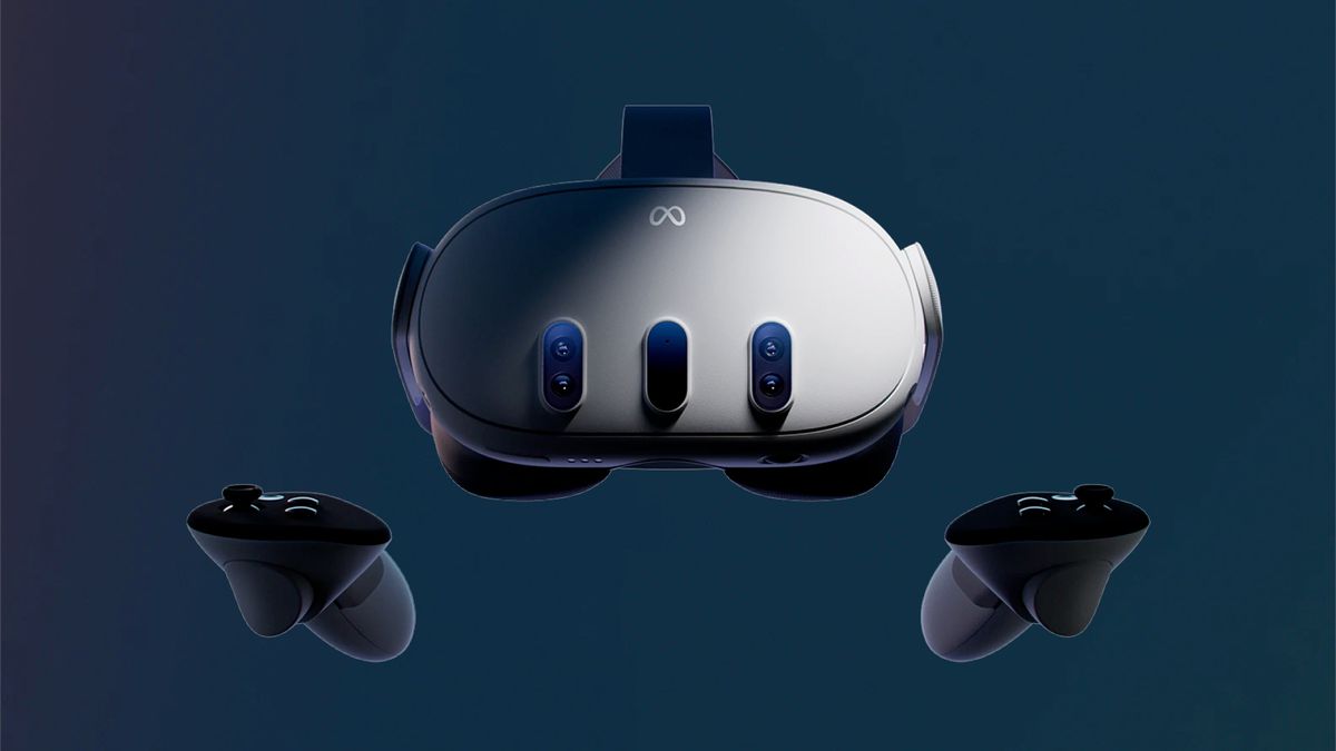 A product rendering of the Meta Quest 3 virtual reality headset and controllers