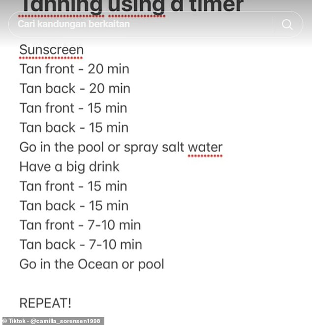 Sørensen's outdoor tanning regimen, detailed in a list uploaded in another video, involves set intervals of sun exposure followed by breaks